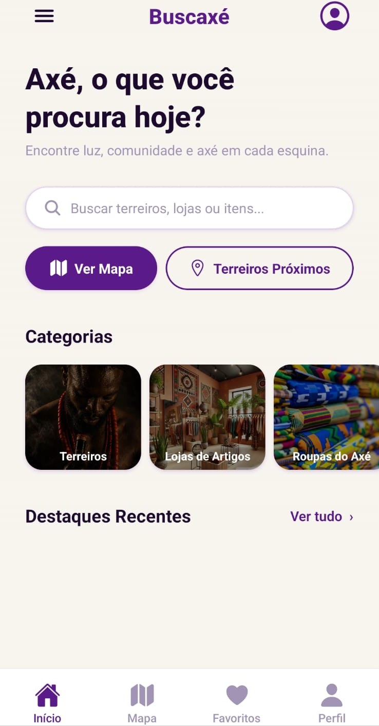 Tela inicial do app Buscaxé com busca por terreiros, lojas e itens