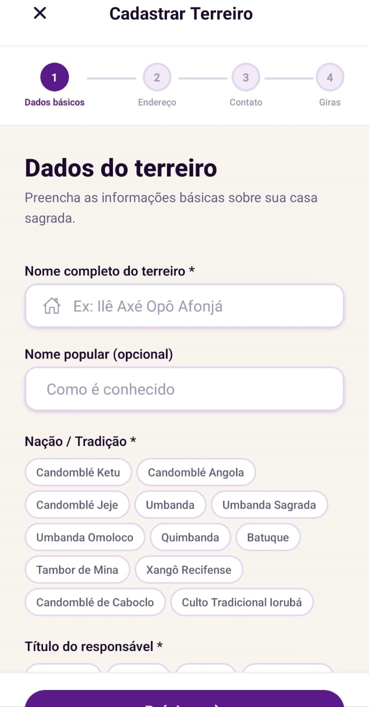Formulário de cadastro de terreiro no app Buscaxé
