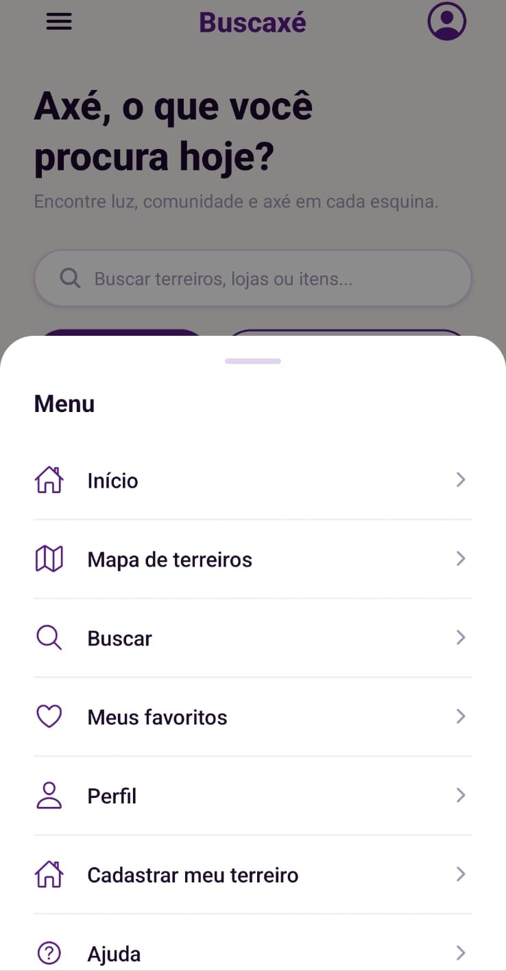 Menu do app Buscaxé com início, mapa, busca e favoritos