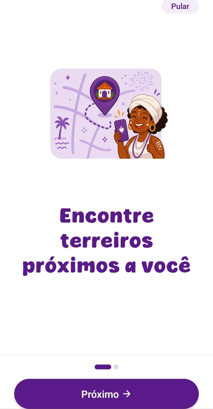 Tela do app: encontre terreiros próximos a você
