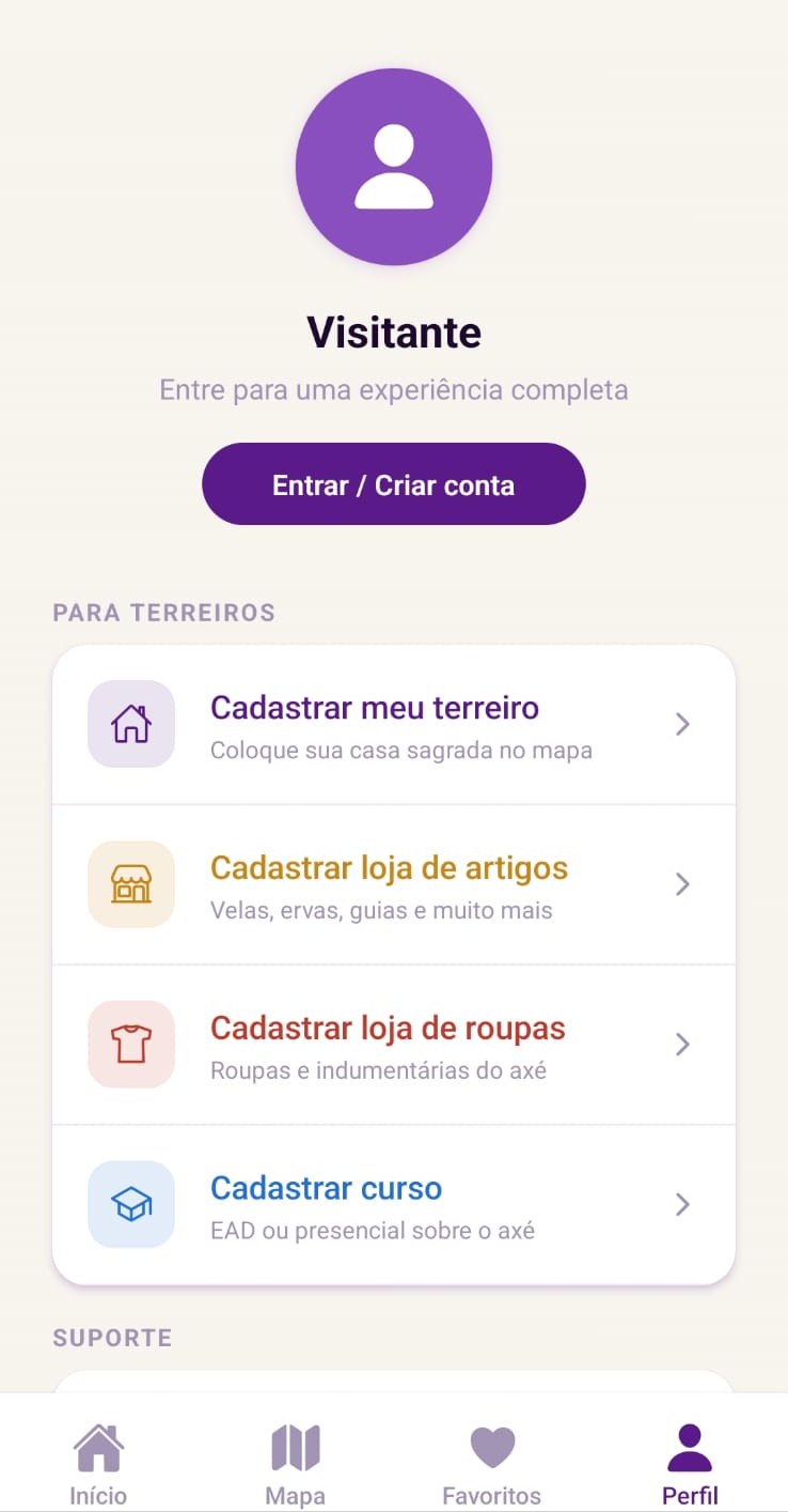 Tela de perfil do app Buscaxé com opções de cadastro